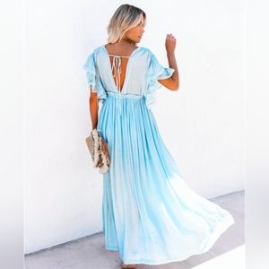 New Summer Beach Cover Up Maxi Dress Button Front Deep Plunge Gauze Blue